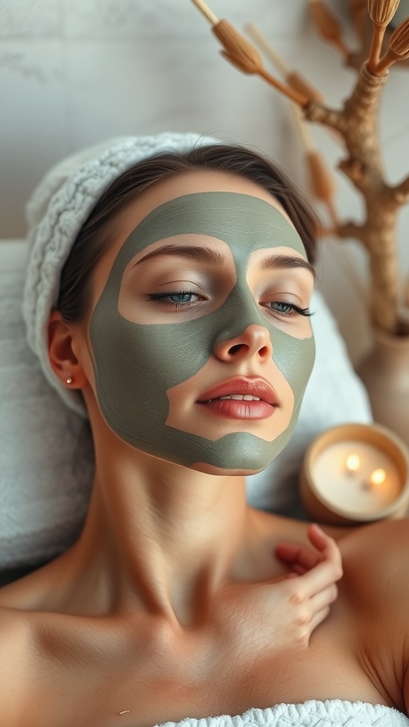 A person with a clay mask on their face, enjoying a skincare routine.