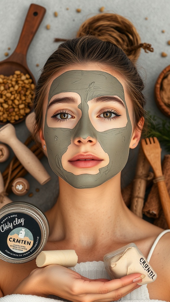 A person applying a green clay mask on their face, surrounded by natural skincare products.