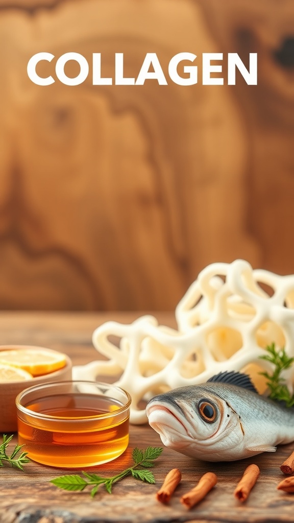 Collagen sources with fish, herbal ingredients, and a wooden background.