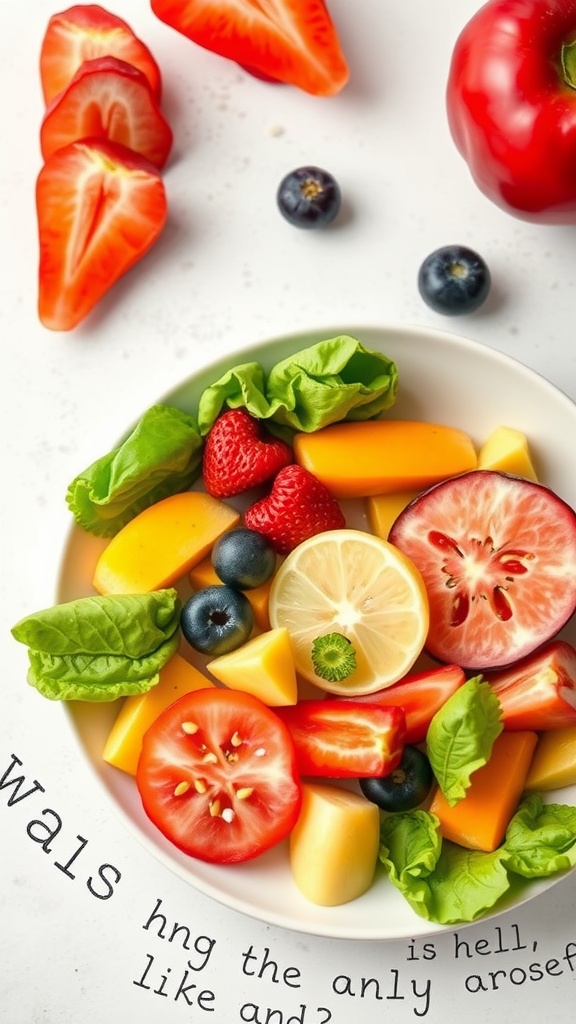 A vibrant bowl of fresh fruits and vegetables including strawberries, blueberries, mango, lemon, and leafy greens.