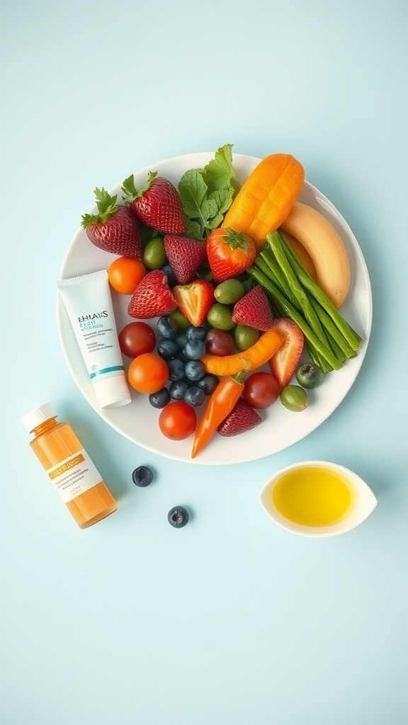A plate filled with fresh fruits and vegetables, olive oil, and skincare products, emphasizing the connection between diet and healthy skin.