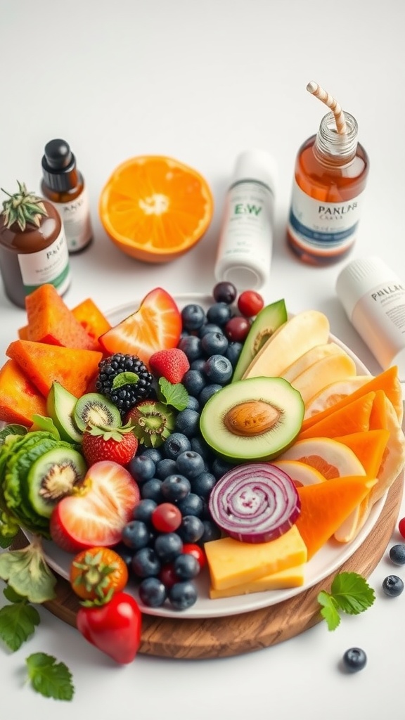 A beautifully arranged plate of colorful fruits and vegetables, with skincare products in the background.