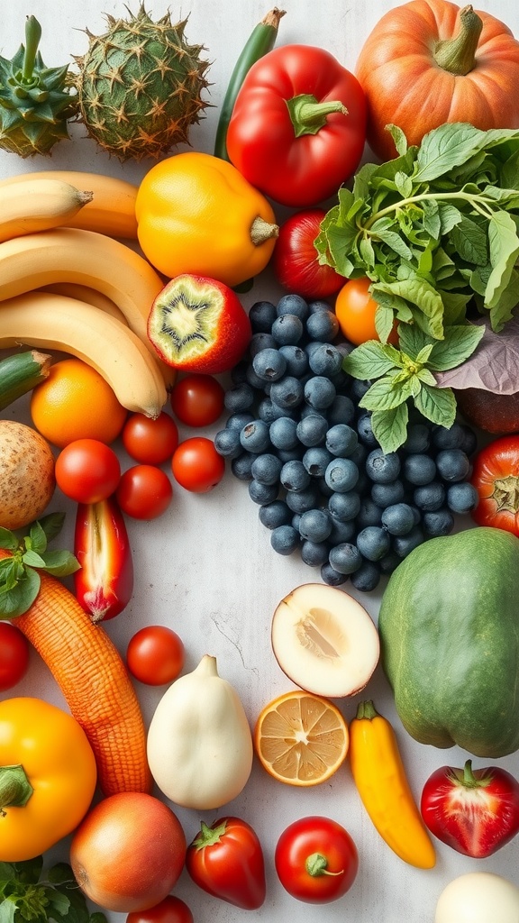 A vibrant assortment of fresh fruits and vegetables including bananas, bell peppers, blueberries, and more.