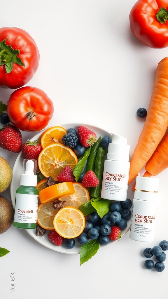 A colorful assortment of fruits and vegetables, including tomatoes, strawberries, blueberries, and carrots, alongside skincare products.