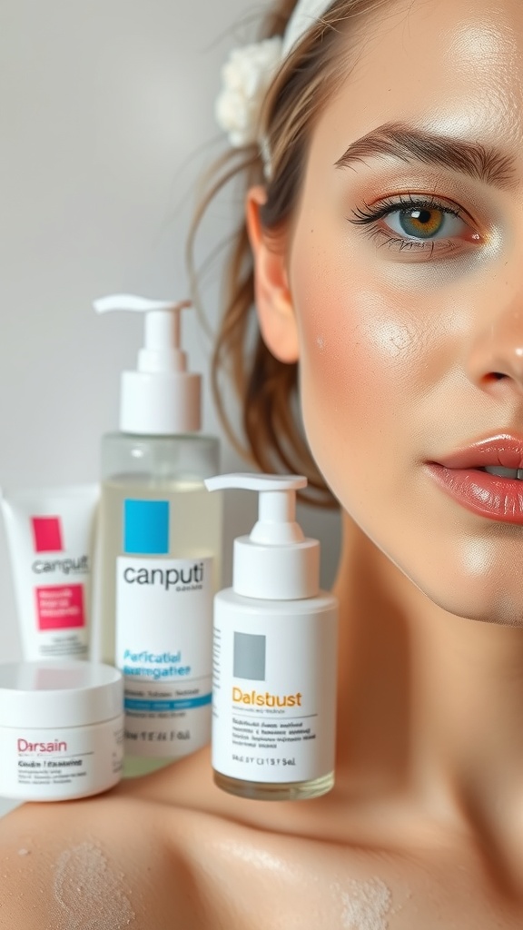A model showcasing her skincare routine with various exfoliating products