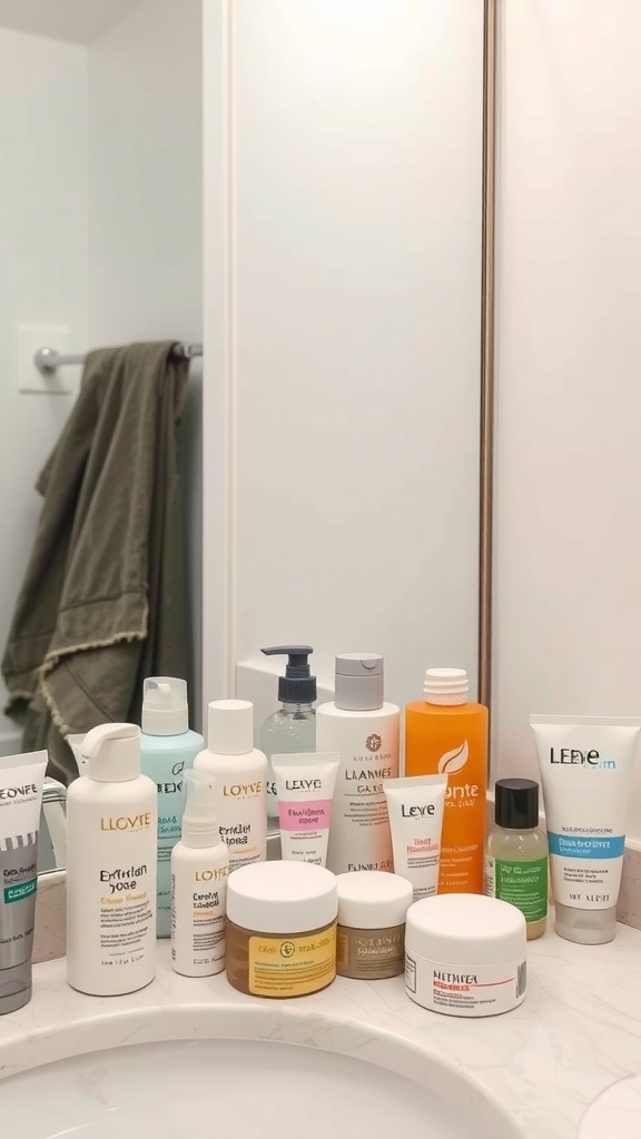 A collection of various skincare products lined up on a bathroom counter