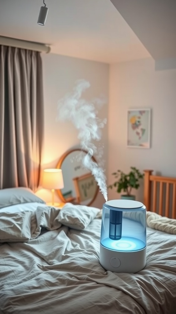 A cozy bedroom with a humidifier releasing mist, providing moisture to combat dry skin.