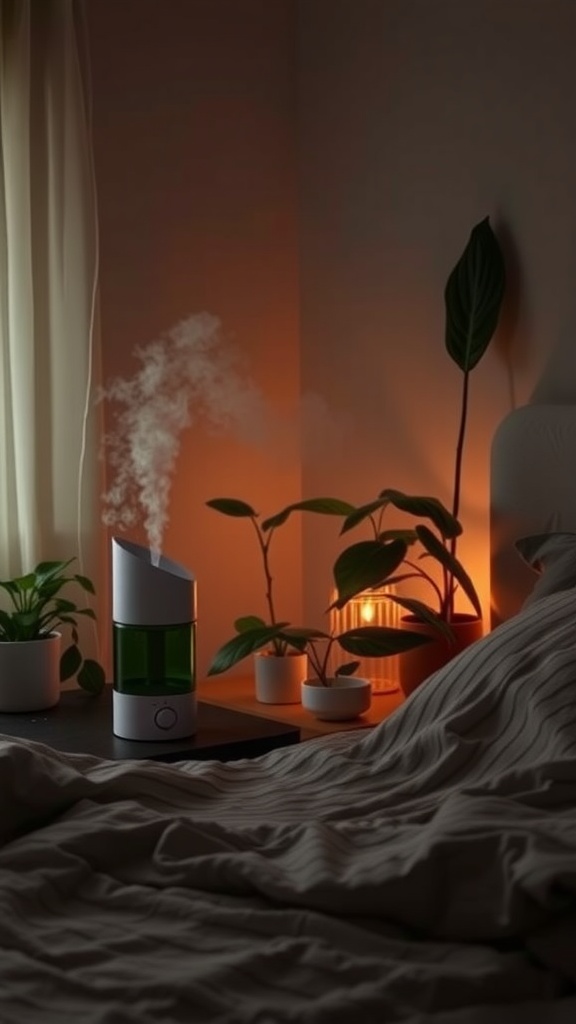 A cozy bedroom setting featuring a humidifier emitting mist, surrounded by plants and warm lighting.