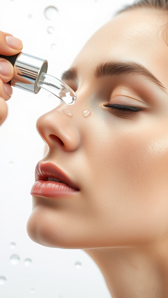 A close-up of a woman applying hyaluronic acid serum to her skin, showcasing its hydrating properties.