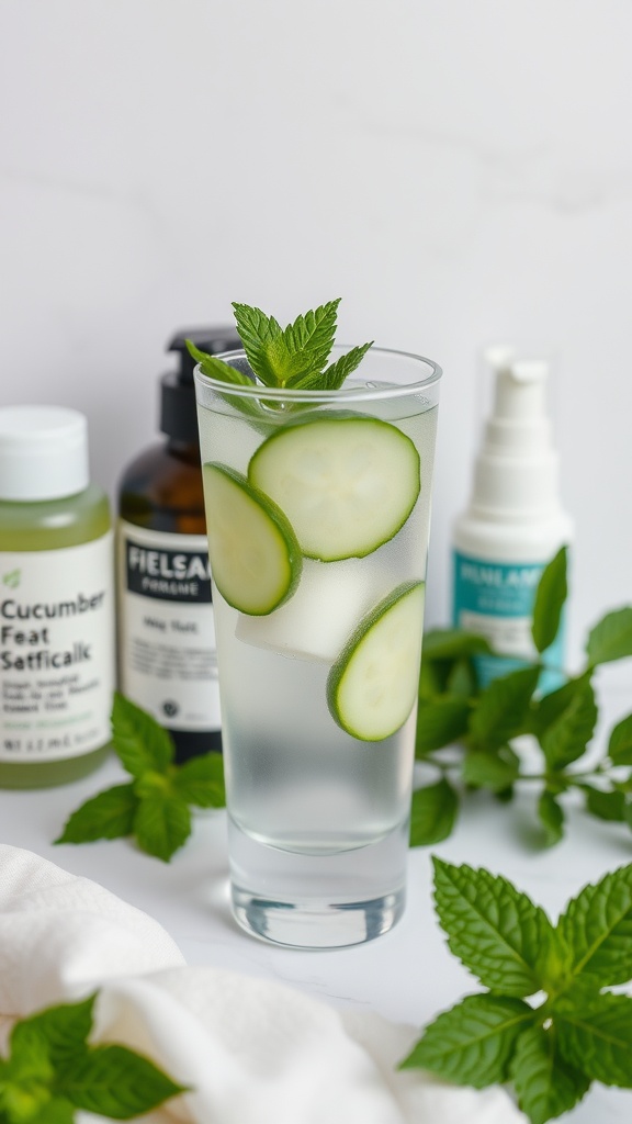 A refreshing glass of cucumber and mint-infused water with skincare products in the background.