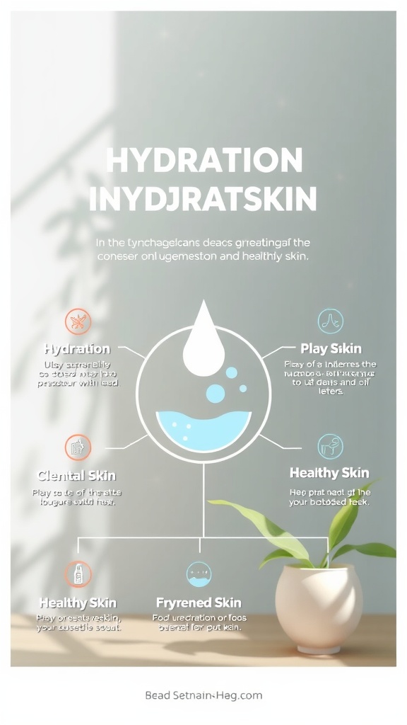 Infographic on hydration's role in skin health, featuring water droplets and skincare elements.