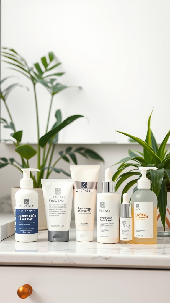 A collection of skincare products displayed on a countertop with plants in the background.