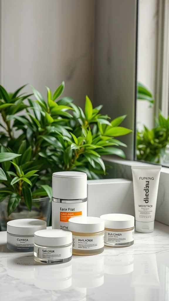 A collection of various skincare moisturizers on a bathroom counter with plants in the background.