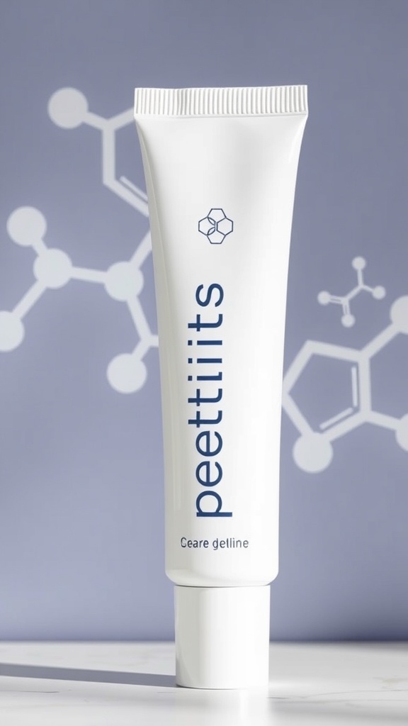 A sleek tube of skincare product featuring the word 'peptides' and a scientific background