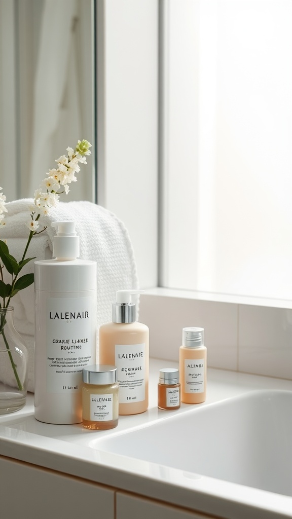 A collection of skincare products neatly arranged on a bathroom counter, including cleansers and serums.