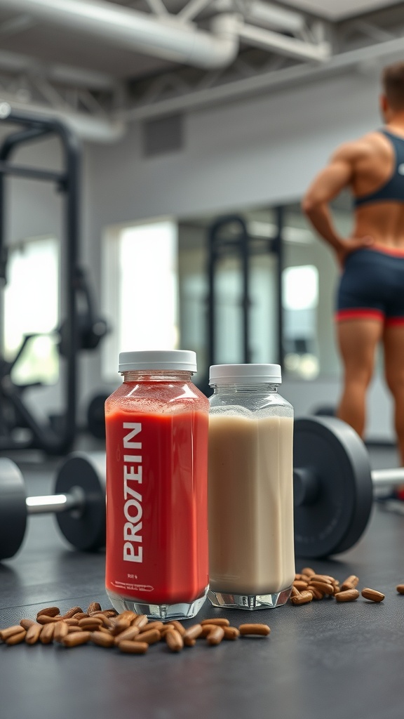 Two protein drinks in jars, one red and one beige, with coffee beans scattered around, set in a gym environment.