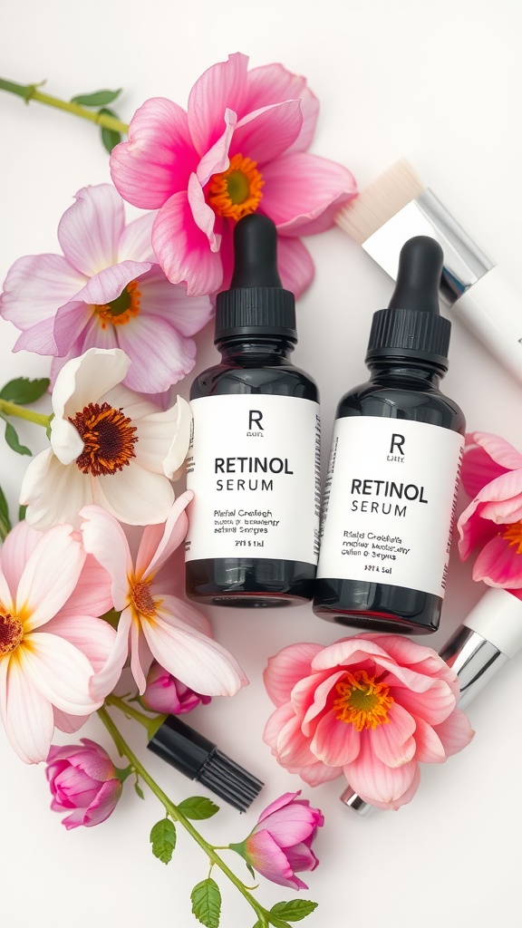 Bottles of retinol serum surrounded by flowers, symbolizing skincare and renewal.