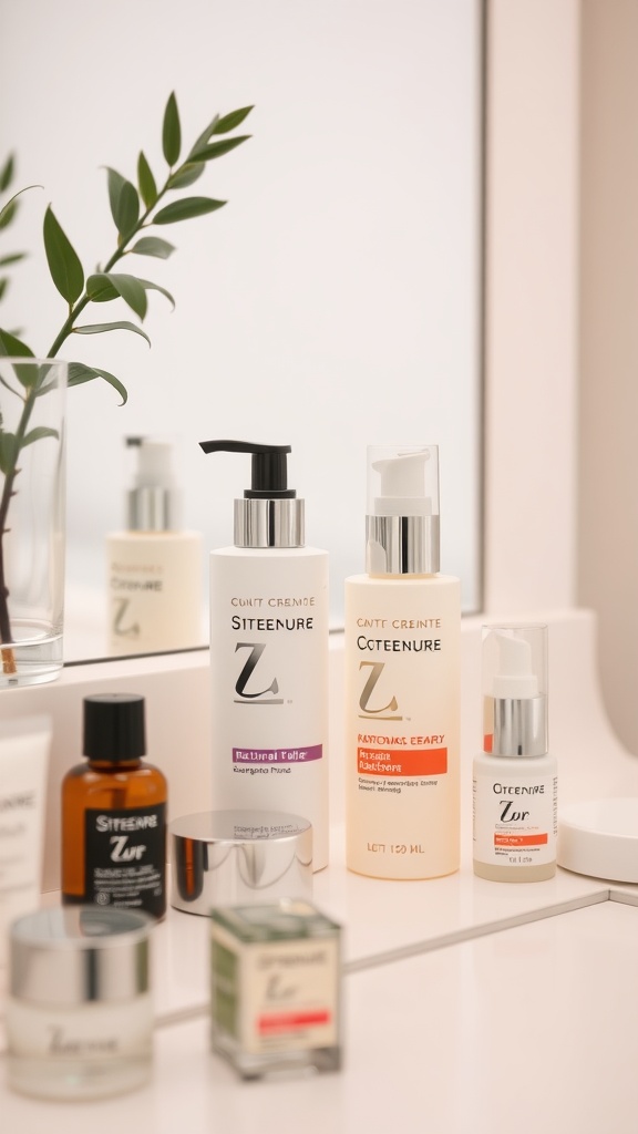 Skincare products including retinol displayed on a clean, modern vanity