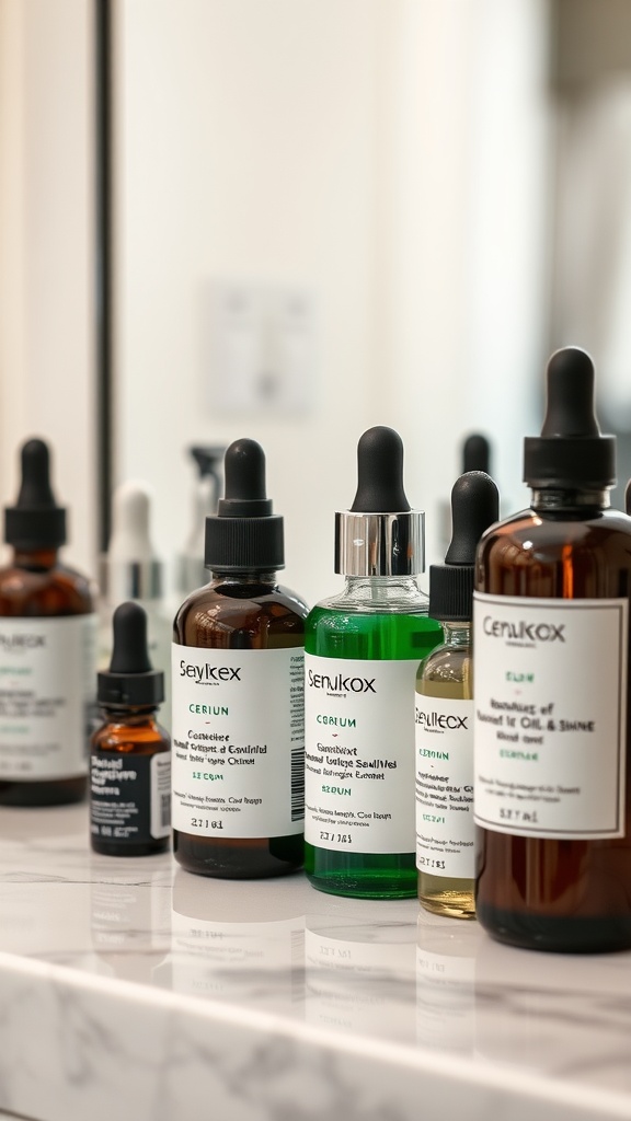 A display of skincare serums on a marble countertop, showcasing various bottles aimed at controlling oil and promoting a matte finish.