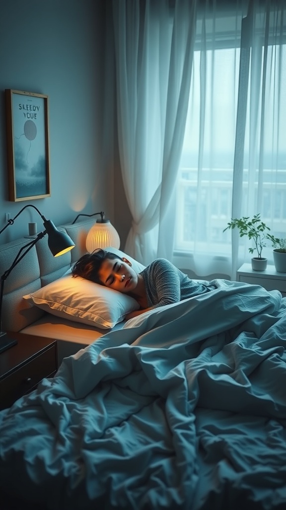 A person sleeping peacefully in a cozy bedroom, surrounded by soft lighting and a calming atmosphere.