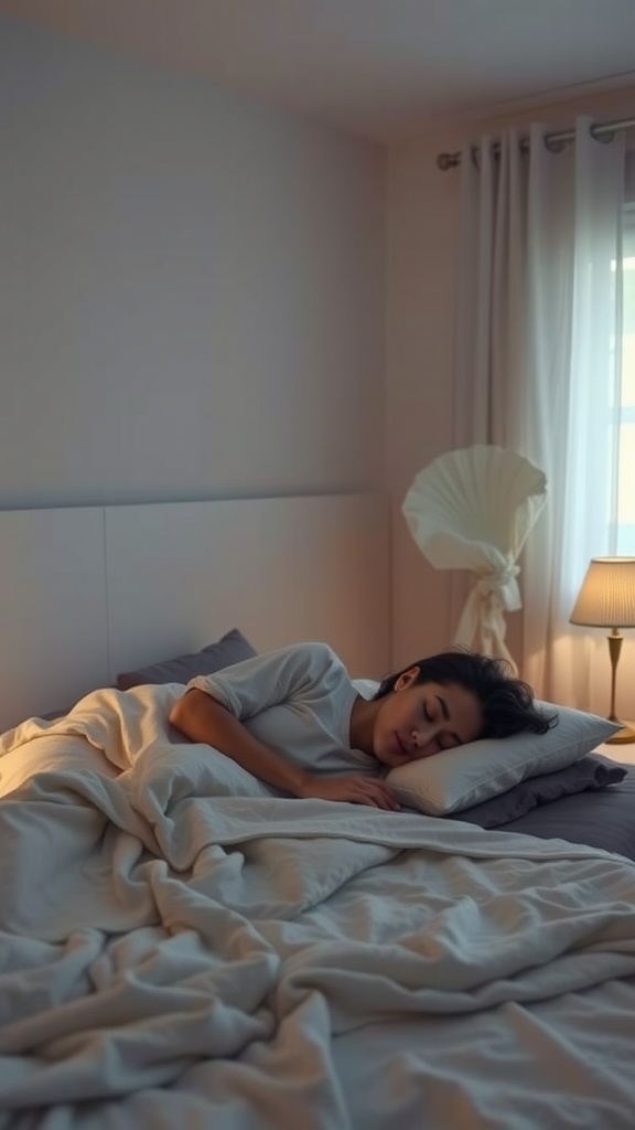 A woman sleeping peacefully in a cozy bedroom, emphasizing the importance of sleep for skin repair.
