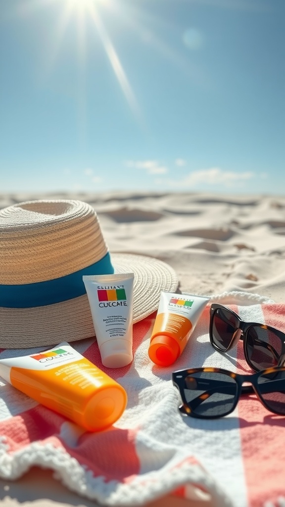 A sunhat, sunscreen products, and sunglasses on a beach towel with a sunny sky in the background.
