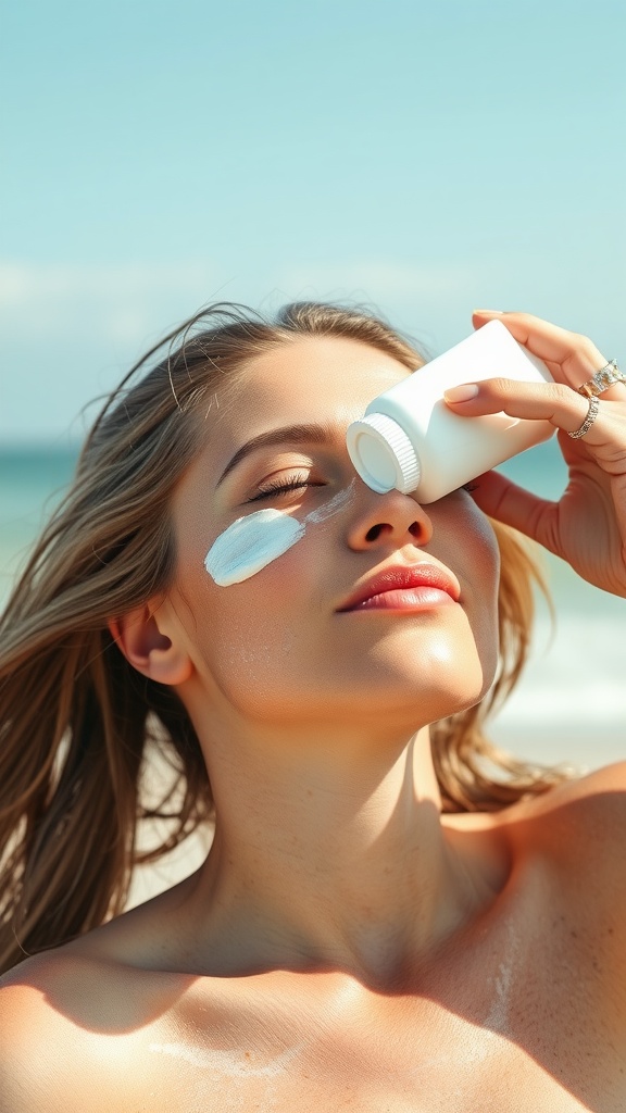 A person applying sunscreen to their face at the beach, emphasizing the importance of sun protection for skin health.