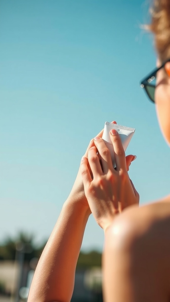 A person applying sunscreen outdoors with a clear blue sky in the background.