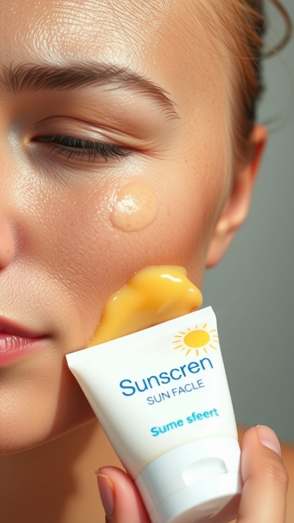 A close-up of a person applying sunscreen to their face, emphasizing the importance of sun protection for oily skin.