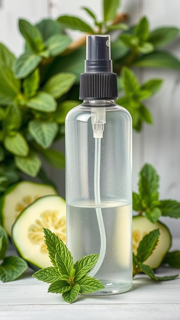 A clear toner in a spray bottle with cucumber slices and mint leaves in the background.