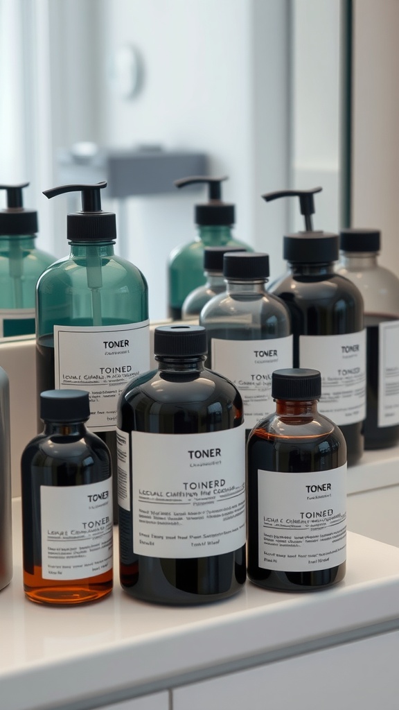 Various toner bottles on a bathroom counter, showcasing different formulations for skincare.