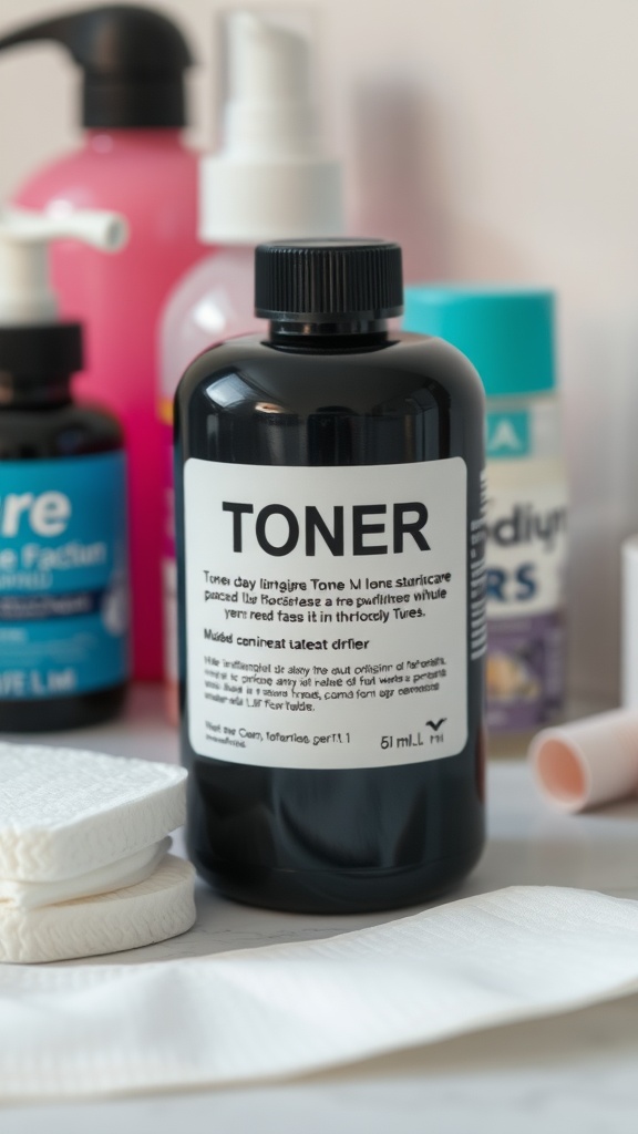 A black bottle labeled 'TONER' surrounded by various skincare products and cotton pads.