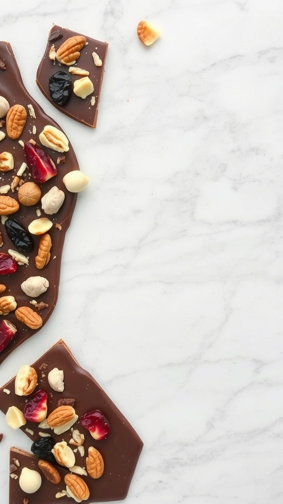 Three-ingredient chocolate bark with nuts and dried fruits on a marble surface.