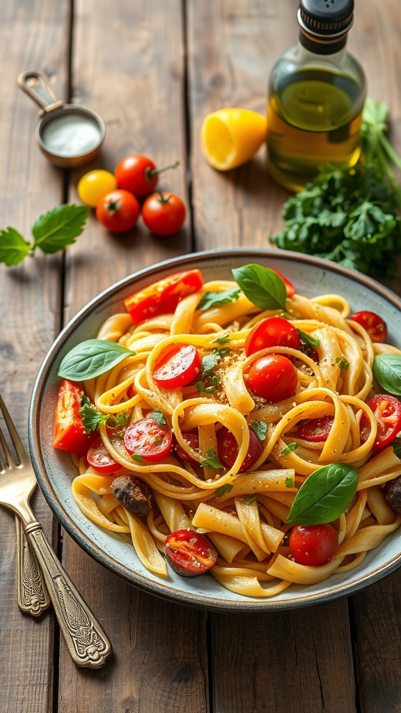 A plate of three-ingredient pasta primavera with cherry tomatoes and bell peppers, garnished with basil.