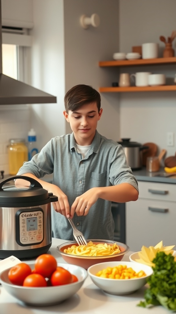 A young person cooking in a kitchen with an Instant Pot and fresh ingredients.