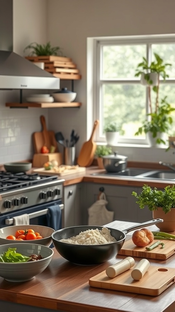 A well-organized kitchen with fresh ingredients ready for meal prep.
