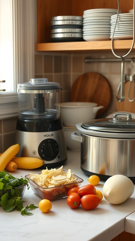 A kitchen countertop with a food processor, slow cooker, fresh vegetables, and fruits, showcasing time-saving meal prep tools.