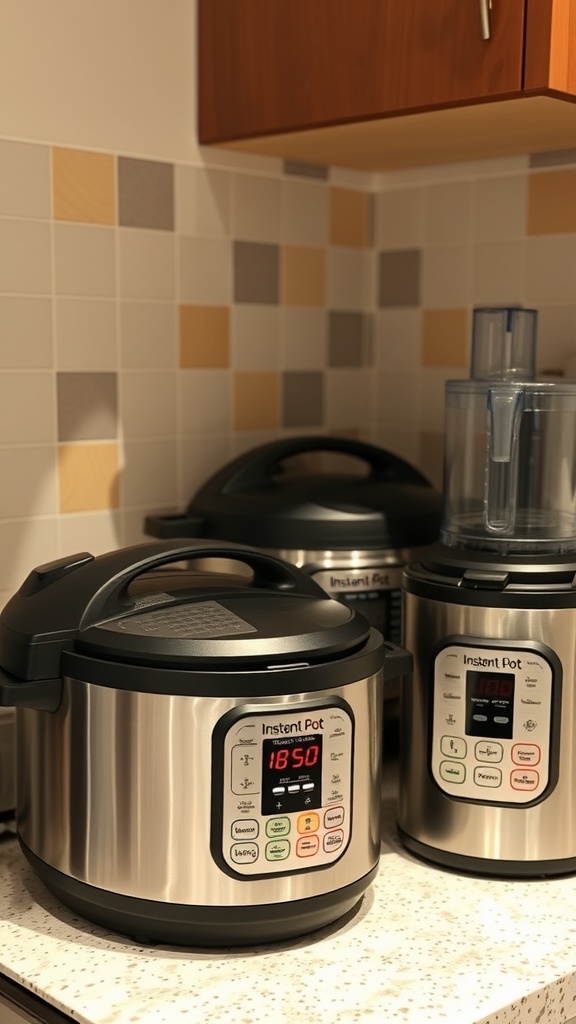 A kitchen with an Instant Pot and food processor on the counter.