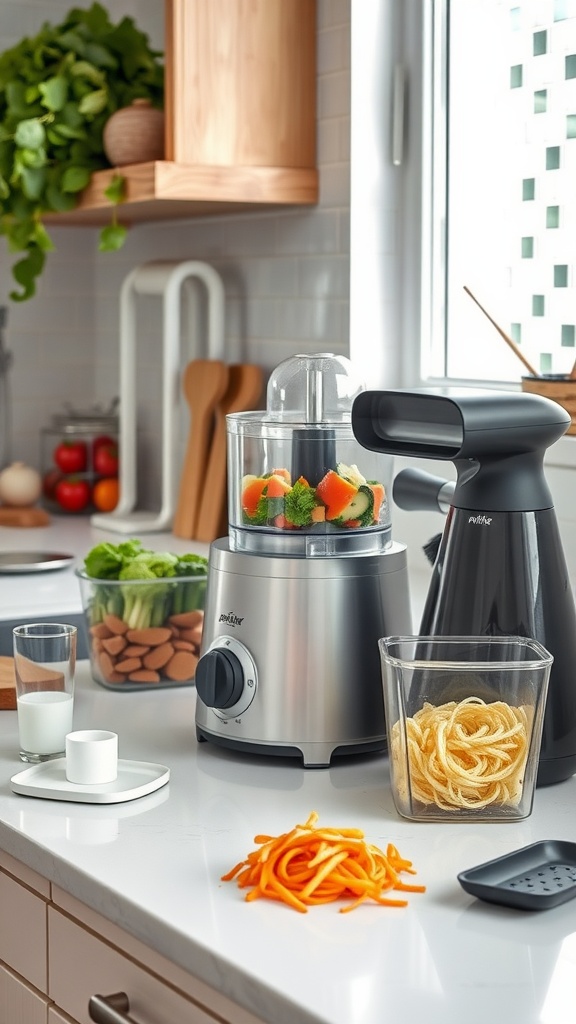 A kitchen setup with a food processor, fresh vegetables, and an organized meal prep space.