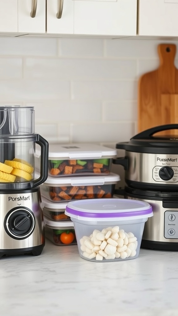 A kitchen setup featuring a food processor, clear storage containers, and a slow cooker, ideal for meal prep.