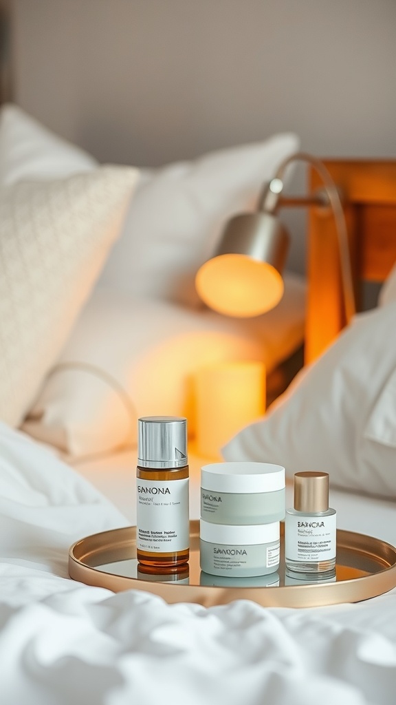 Skincare products arranged on a tray beside a cozy bed with soft pillows and warm lighting.