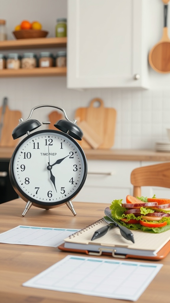 A clock, fresh ingredients, and a notepad set up for meal prep.