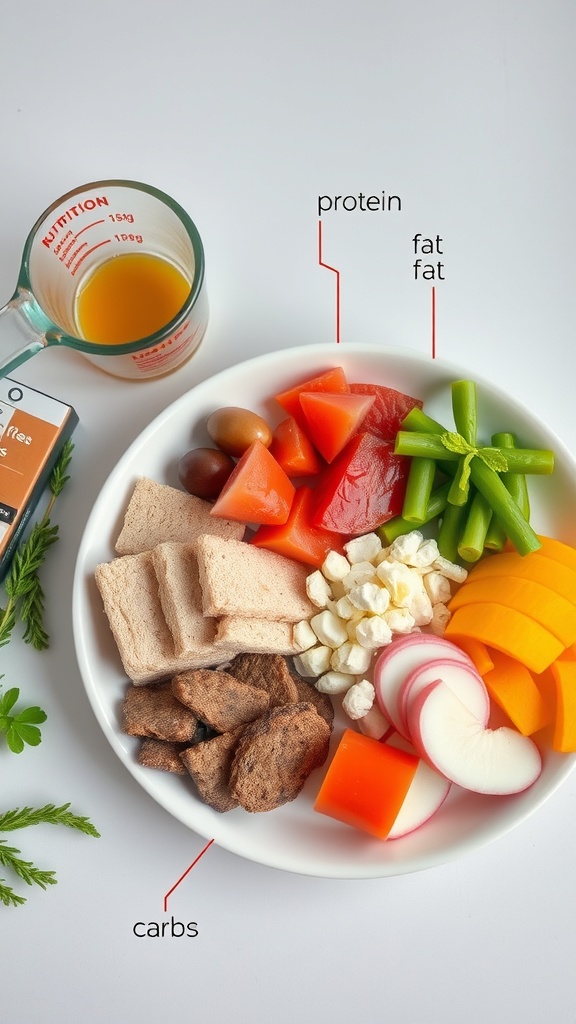 A plate with various ingredients labeled as protein, fat, and carbs, showcasing a balanced meal prep.
