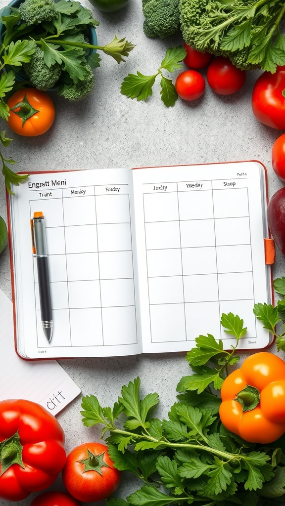 A blank weekly menu planner surrounded by fresh vegetables.