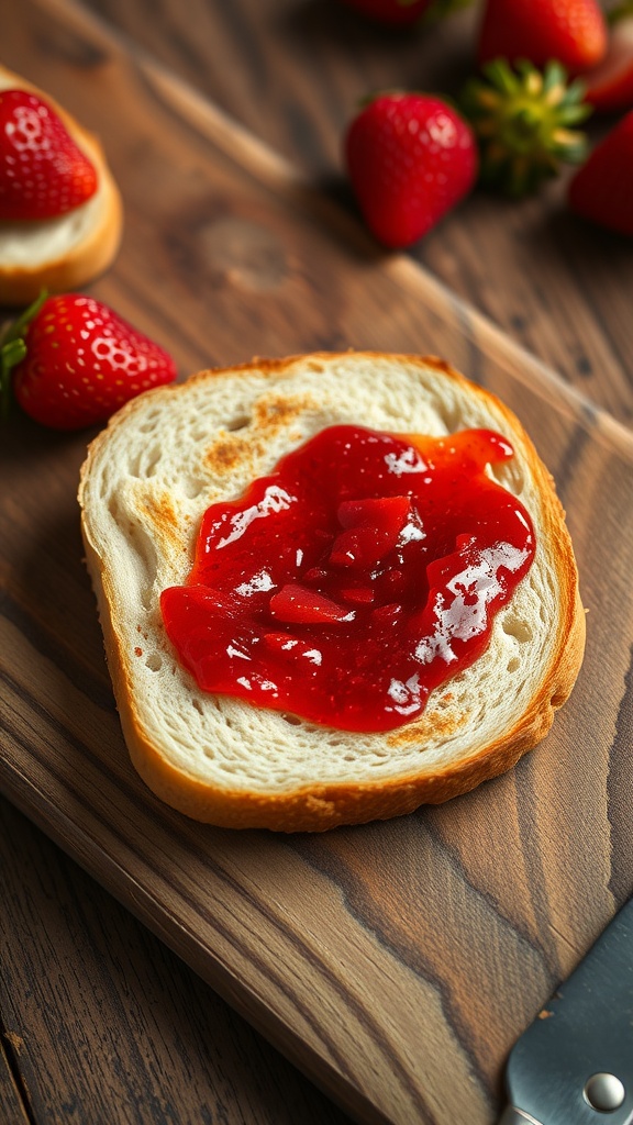 Toasted English muffin topped with jam on a wooden board.