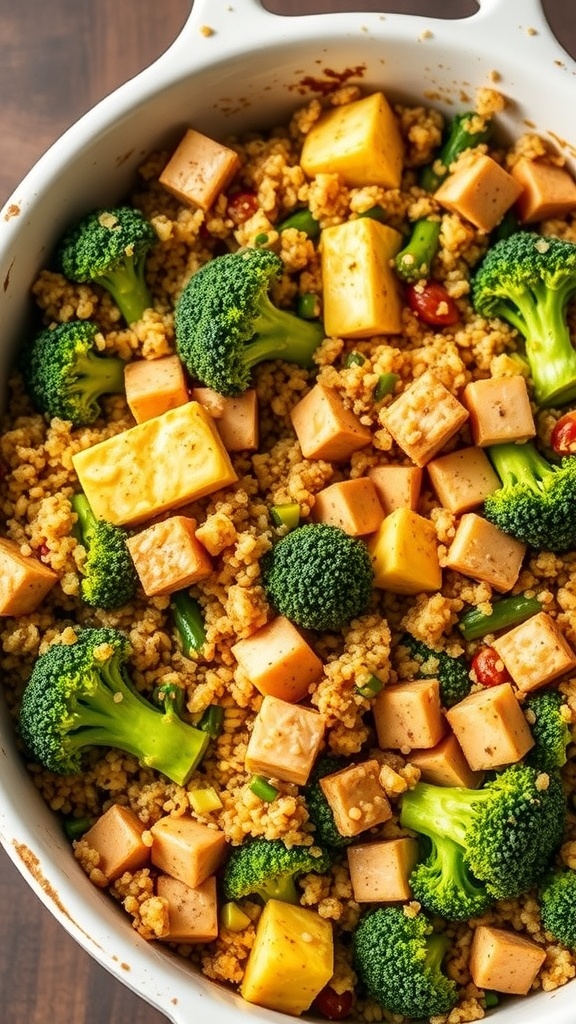 A delicious Tofu and Broccoli Quinoa Bake with colorful ingredients.