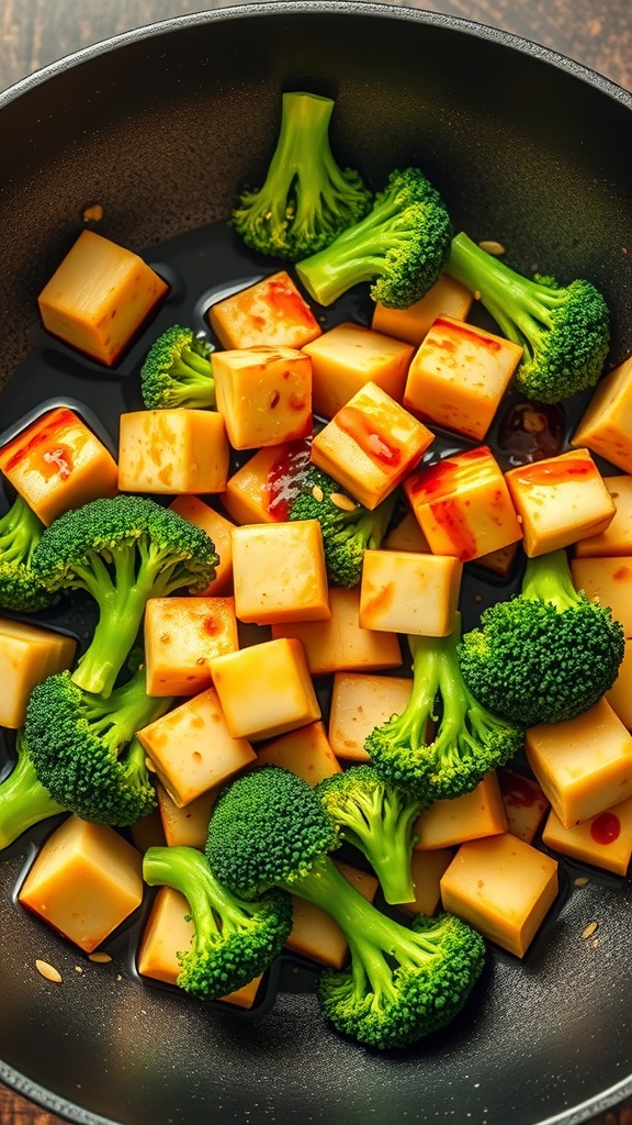 A pan filled with cubed tofu and fresh broccoli, ready to be stir-fried.