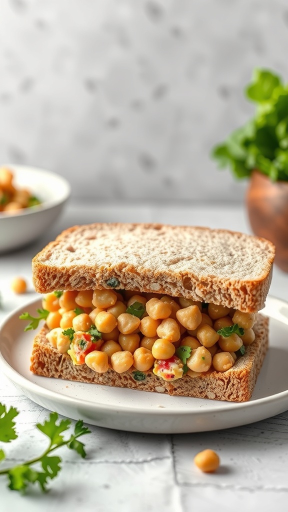 A delicious tofu and chickpea salad sandwich on whole grain bread, garnished with fresh cilantro.