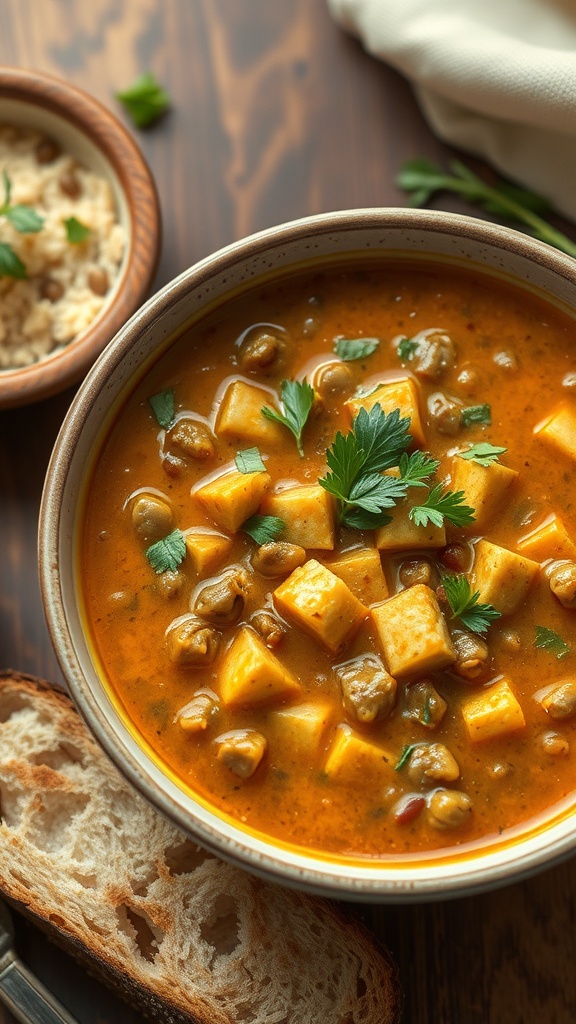 A bowl of tofu and lentil soup garnished with parsley, served with a slice of bread.