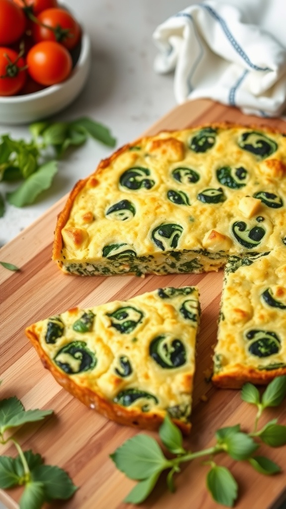 A delicious tofu and spinach frittata sliced on a wooden board with fresh tomatoes in the background.